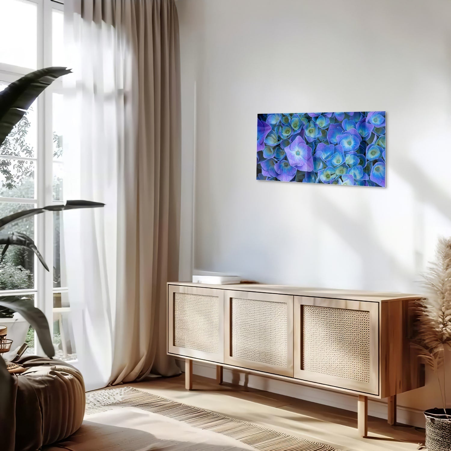 Farbenfrohes Glasbild mit blauen Blumen – Glasbild aus Sicherheitsglas, Größe 100x50