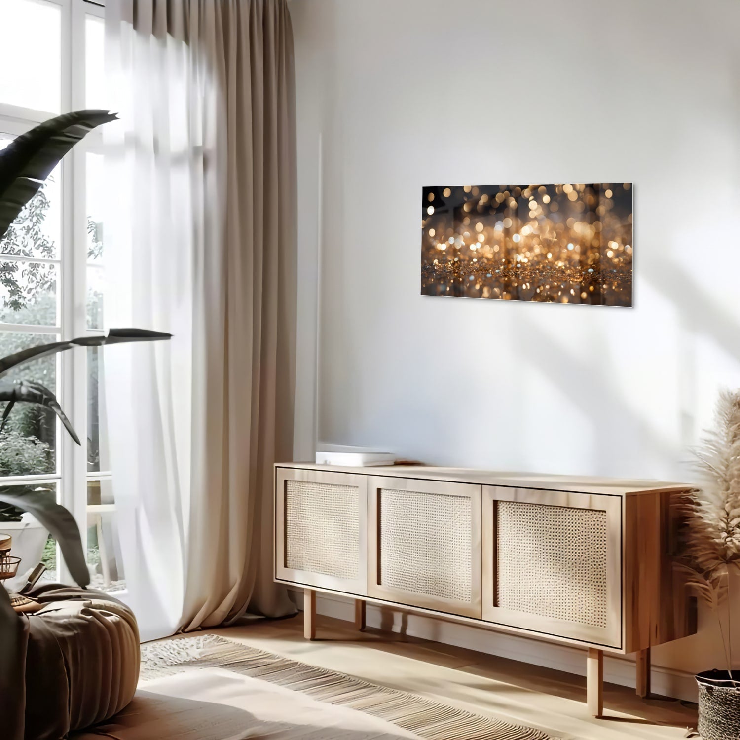 Glasbild mit goldenem Bokeh in moderner Szenerie – Glasbild aus Sicherheitsglas, Größe 100x50