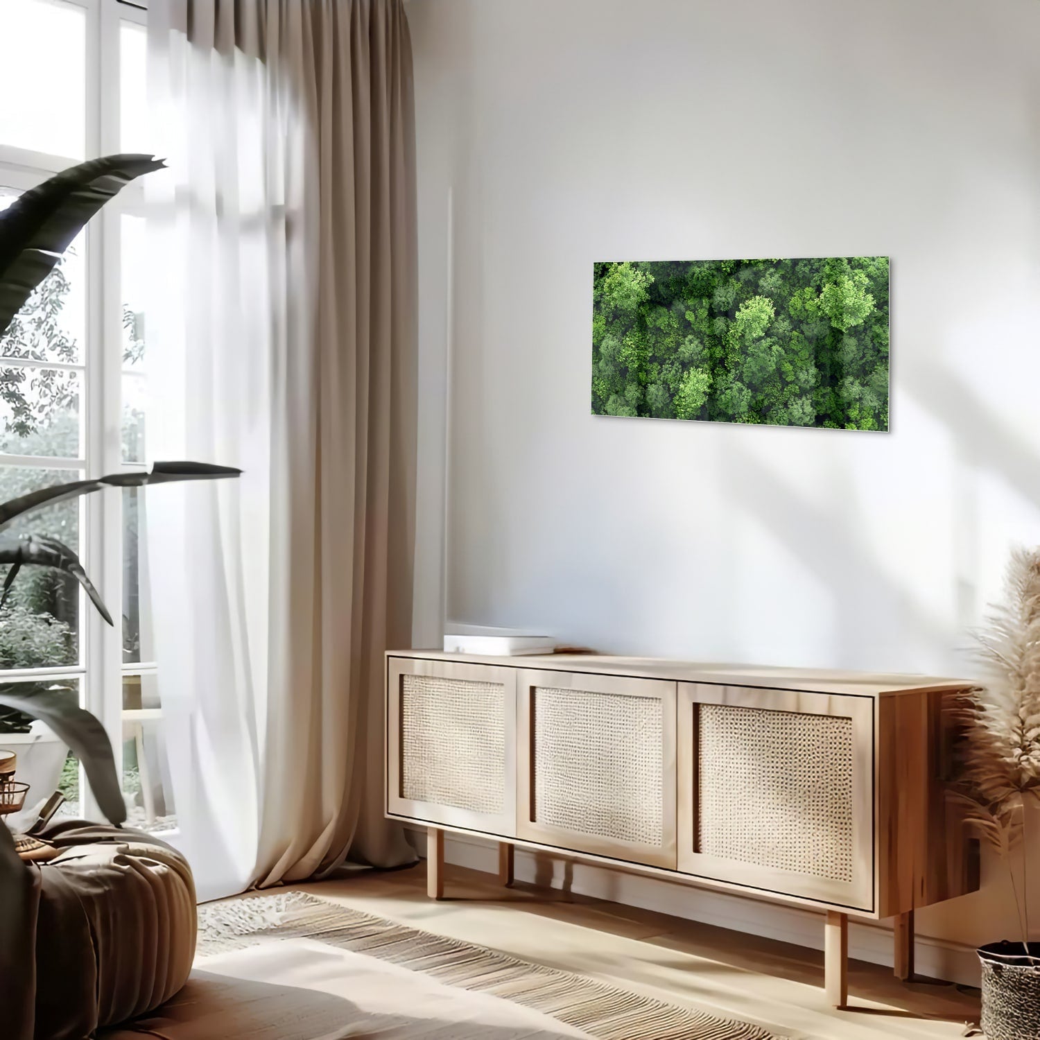 Glasbild mit Himmelsmotiv und üppigem grünen Wald – Glasbild aus Sicherheitsglas, Größe 100x50