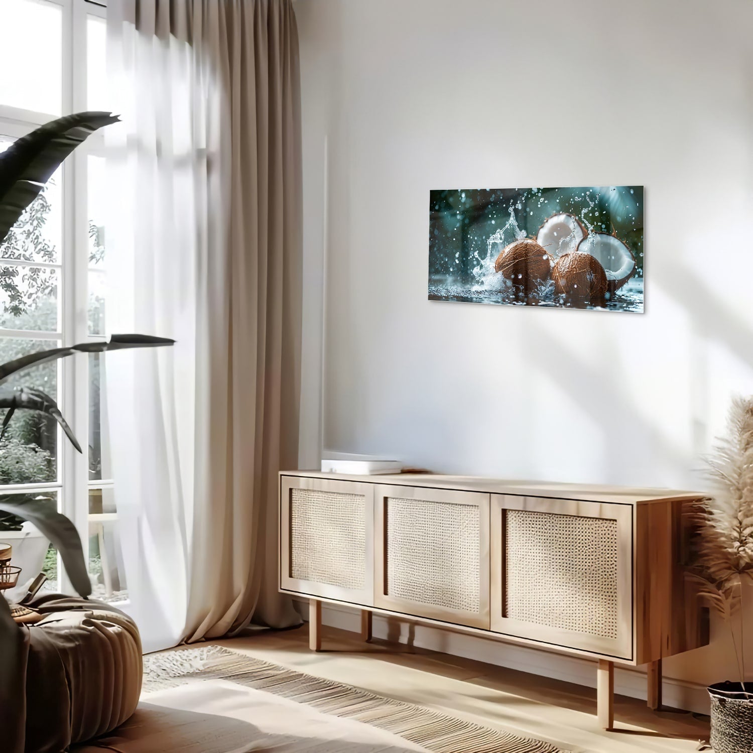 Glasbild Kokosnuss-Trio mit Wasserstrahlen – Glasbild aus Sicherheitsglas, Größe 100x50