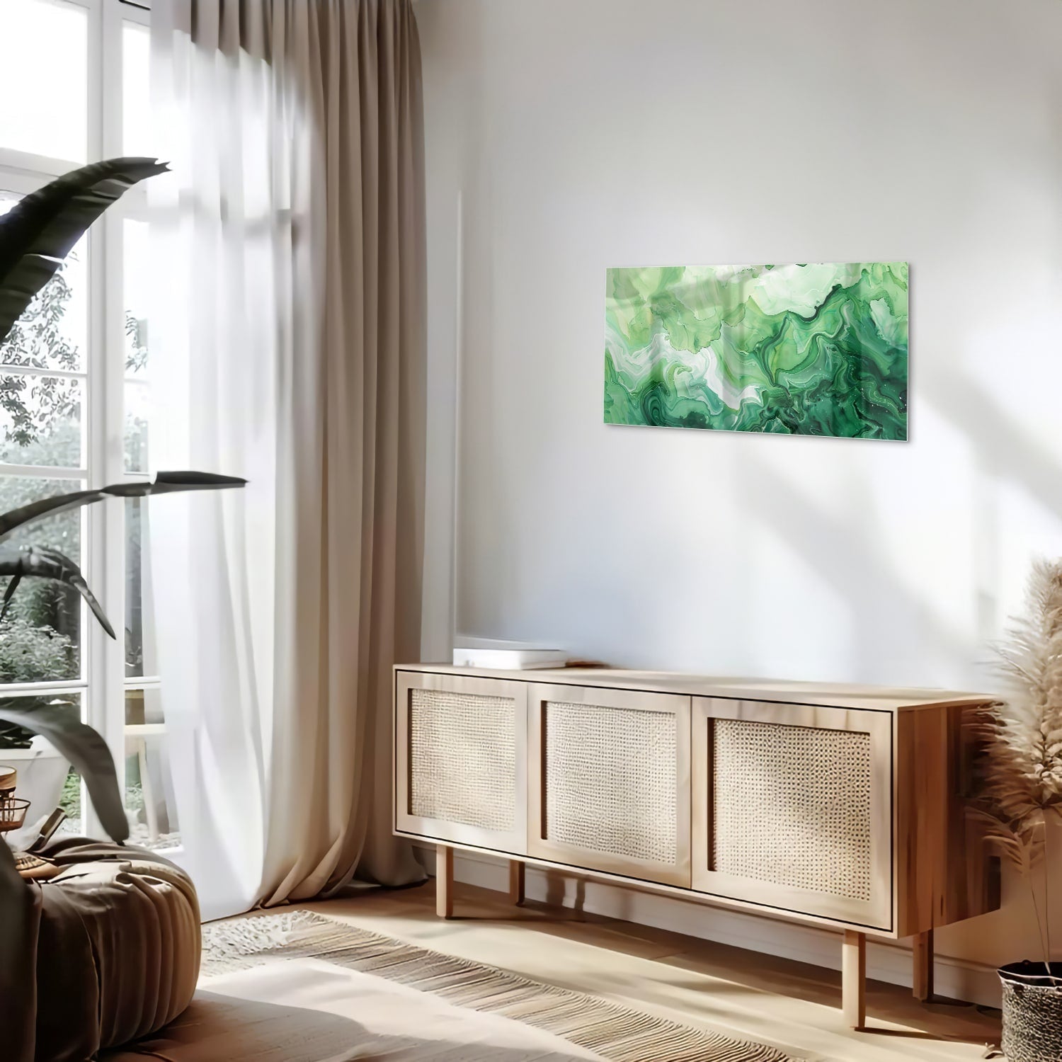 Grünes marmoriertes Glasbild für moderne Innenräume – Glasbild aus Sicherheitsglas, Größe 100x50