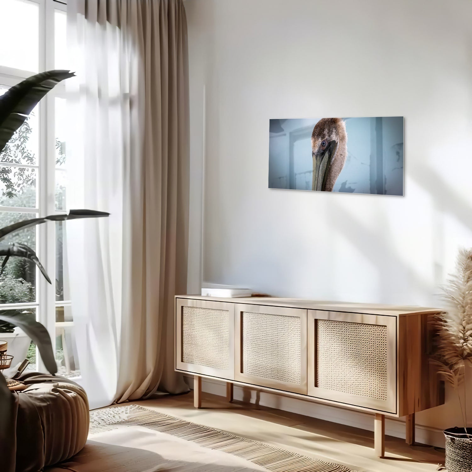 Stilvolles Glasbild mit Pelikan-Porträt – Glasbild aus Sicherheitsglas, Größe 100x50
