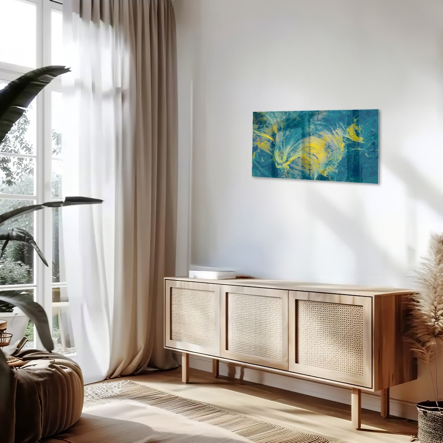 Farbenfrohes Glasbild mit abstraktem blau-gelbem Muster – Glasbild aus Sicherheitsglas, Größe 100x50