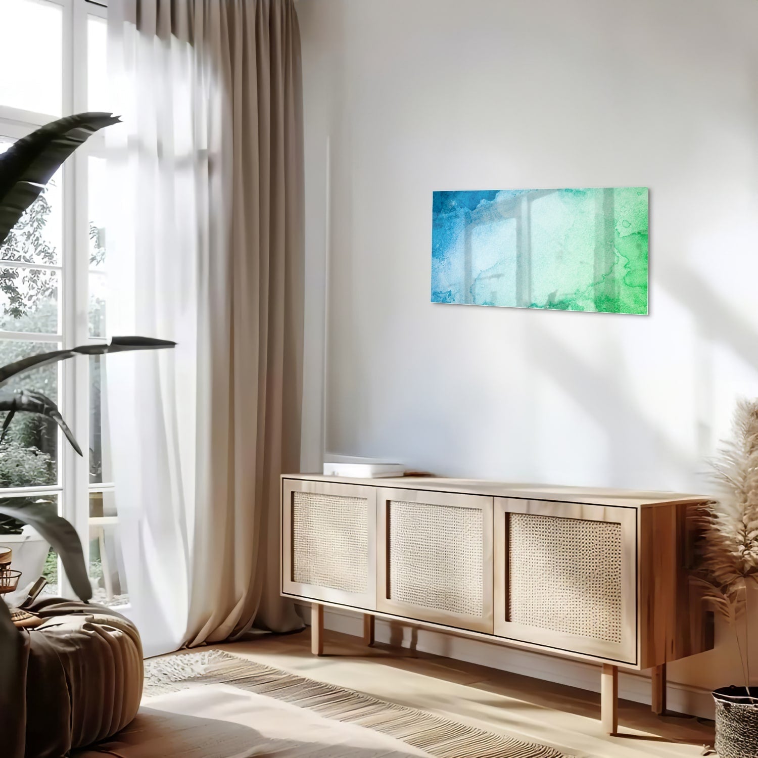 Abstraktes Glasbild in Blau und Grün – Glasbild aus Sicherheitsglas, Größe 100x50