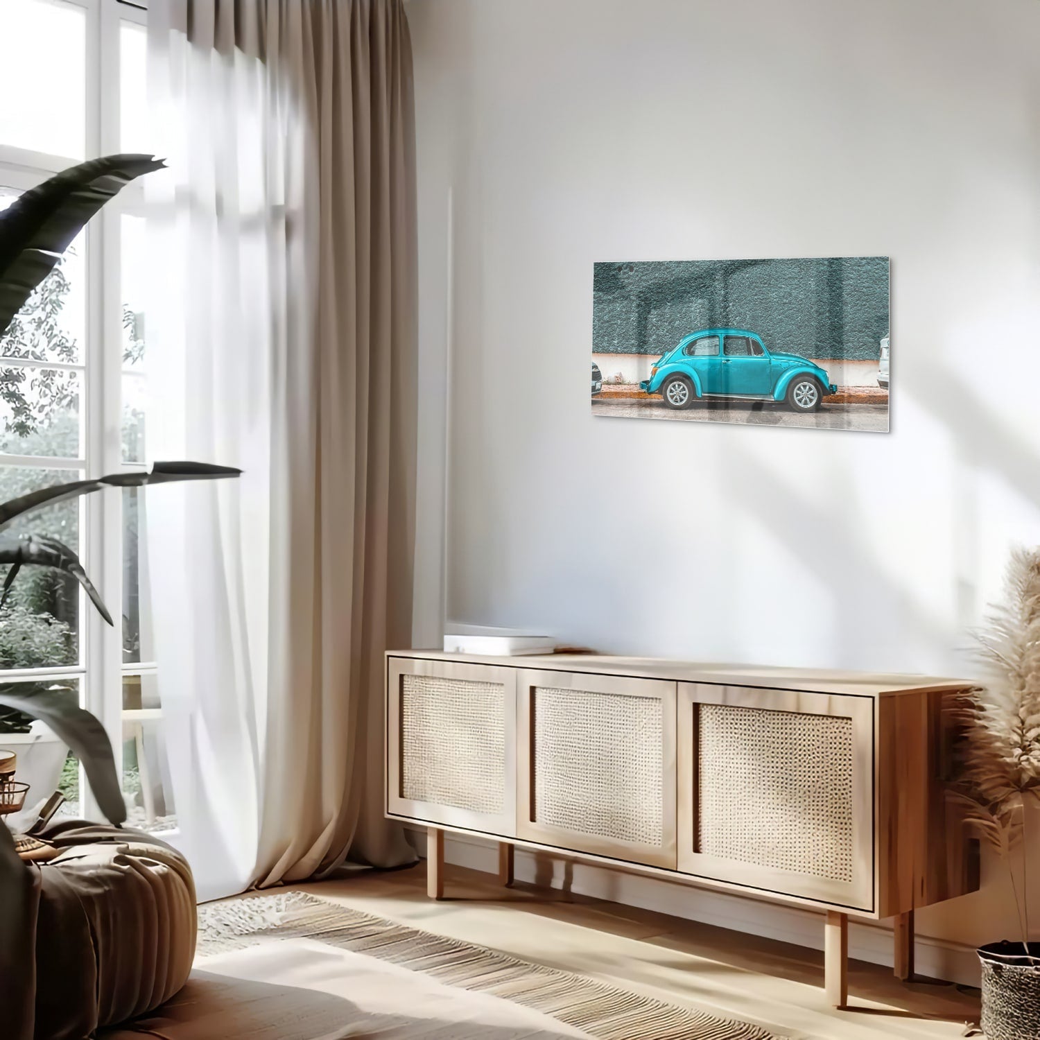 Stilvolles Glasbild mit einem türkisen Auto – Glasbild aus Sicherheitsglas, Größe 100x50