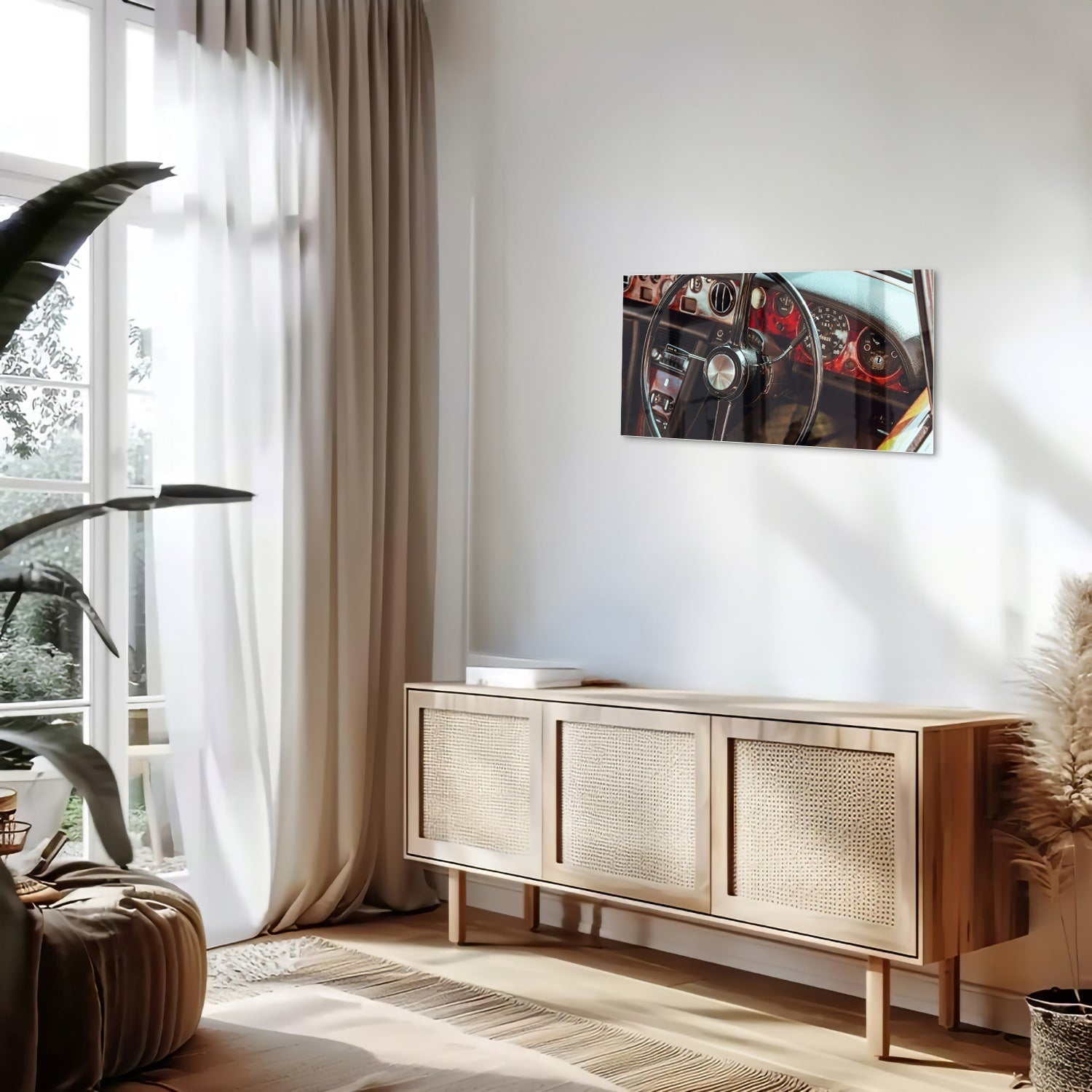 Retro-Auto-Glasbild mit Armaturenbrett für Liebhaber – Glasbild aus Sicherheitsglas, Größe 100x50