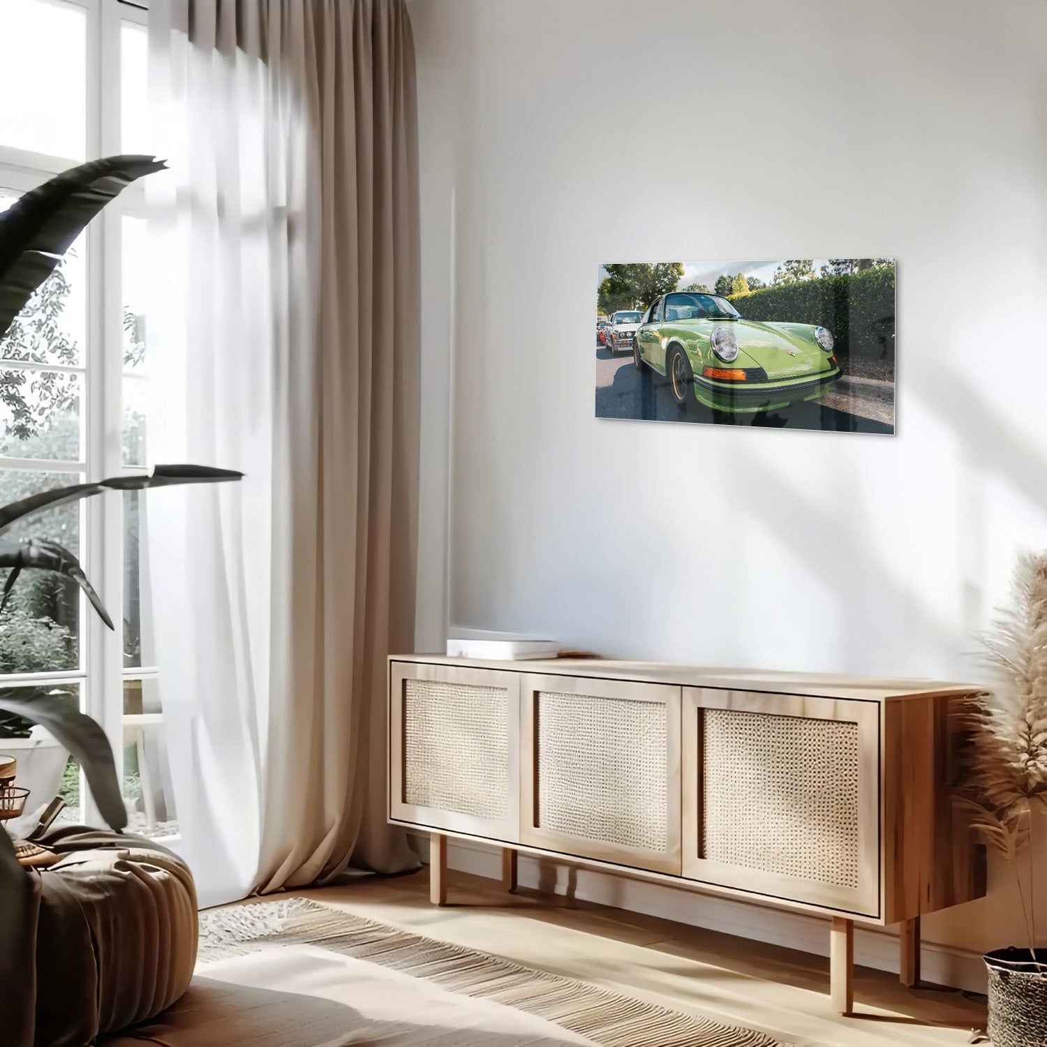 Glasbild mit einzigartigem grünen Porsche für moderne Innenräume – Glasbild aus Sicherheitsglas, Größe 100x50