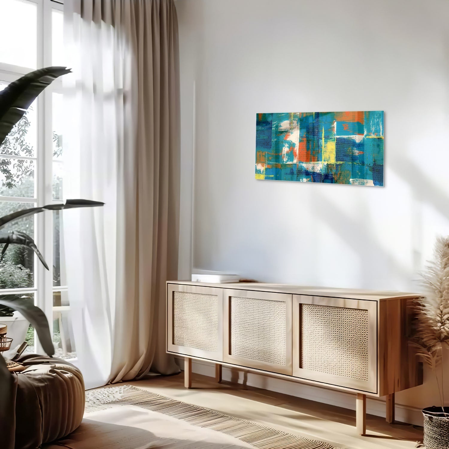 Abstraktes Glasbild in farbenfrohen Farbtönen – Glasbild aus Sicherheitsglas, Größe 100x50
