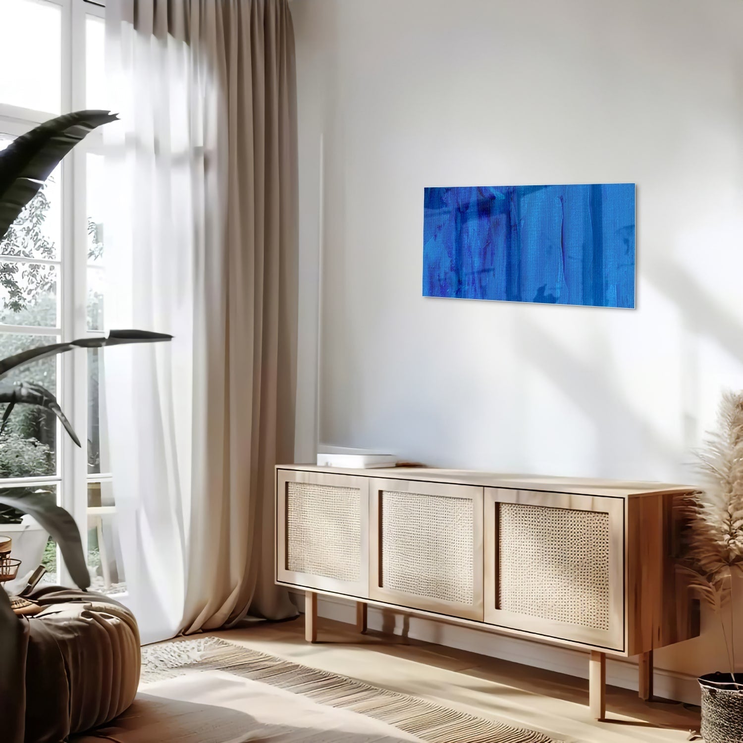 Blaues abstraktes Glasbild für moderne Innenräume – Glasbild aus Sicherheitsglas, Größe 100x50