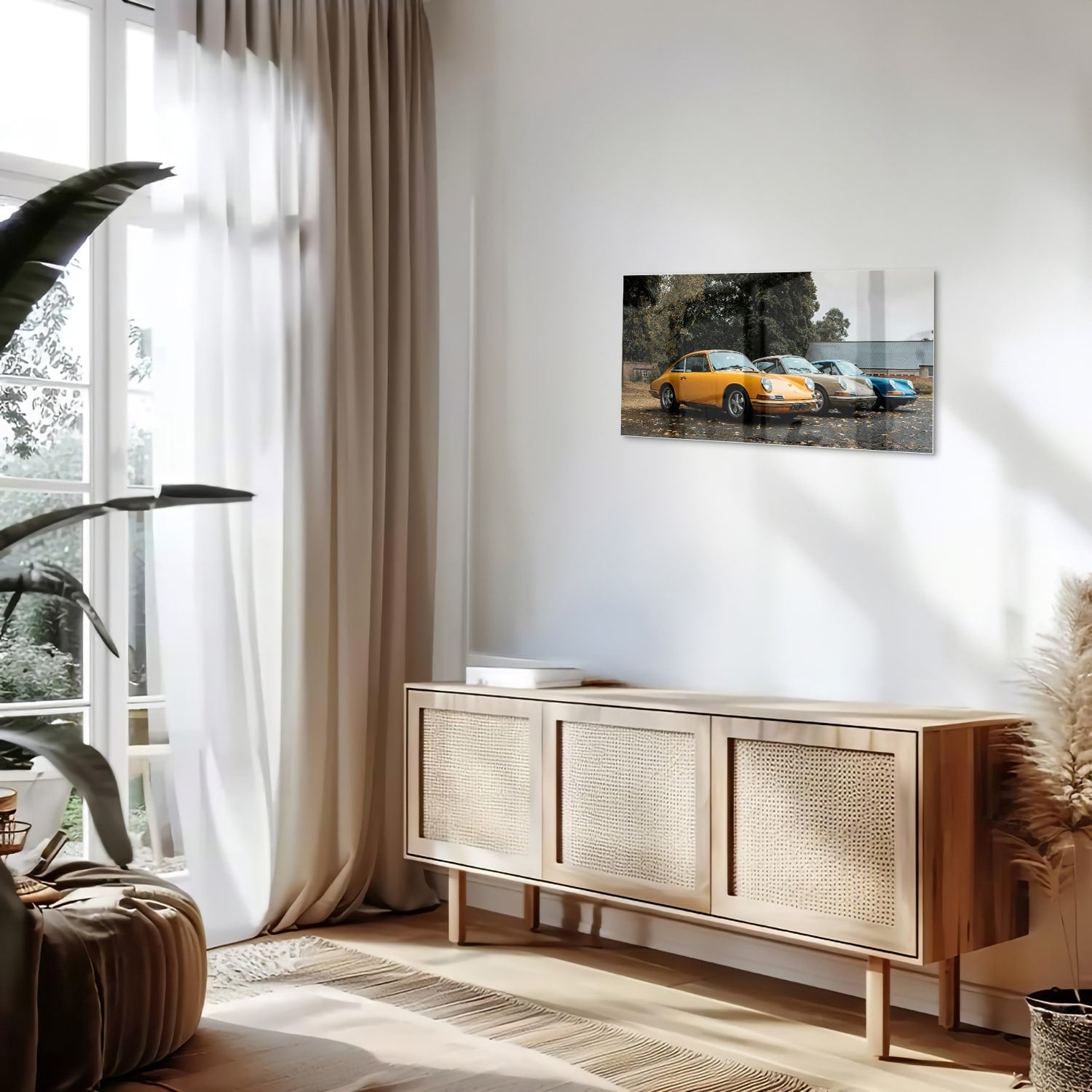 Fröhliches Glasbild mit gelbem Auto – Glasbild aus Sicherheitsglas, Größe 100x50