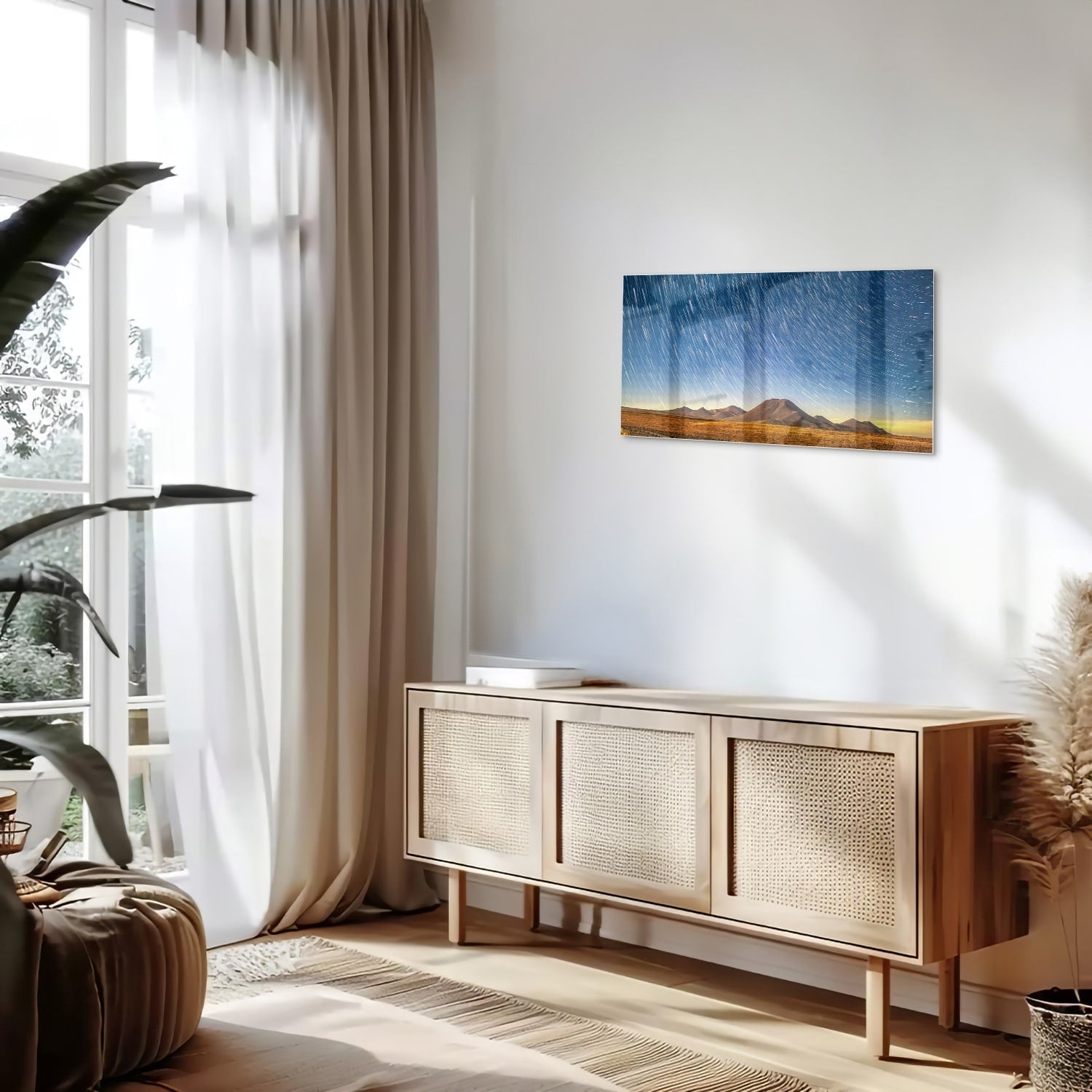 Glasbild mit Sternenhimmel über den Bergen – Glasbild aus Sicherheitsglas, Größe 100x50