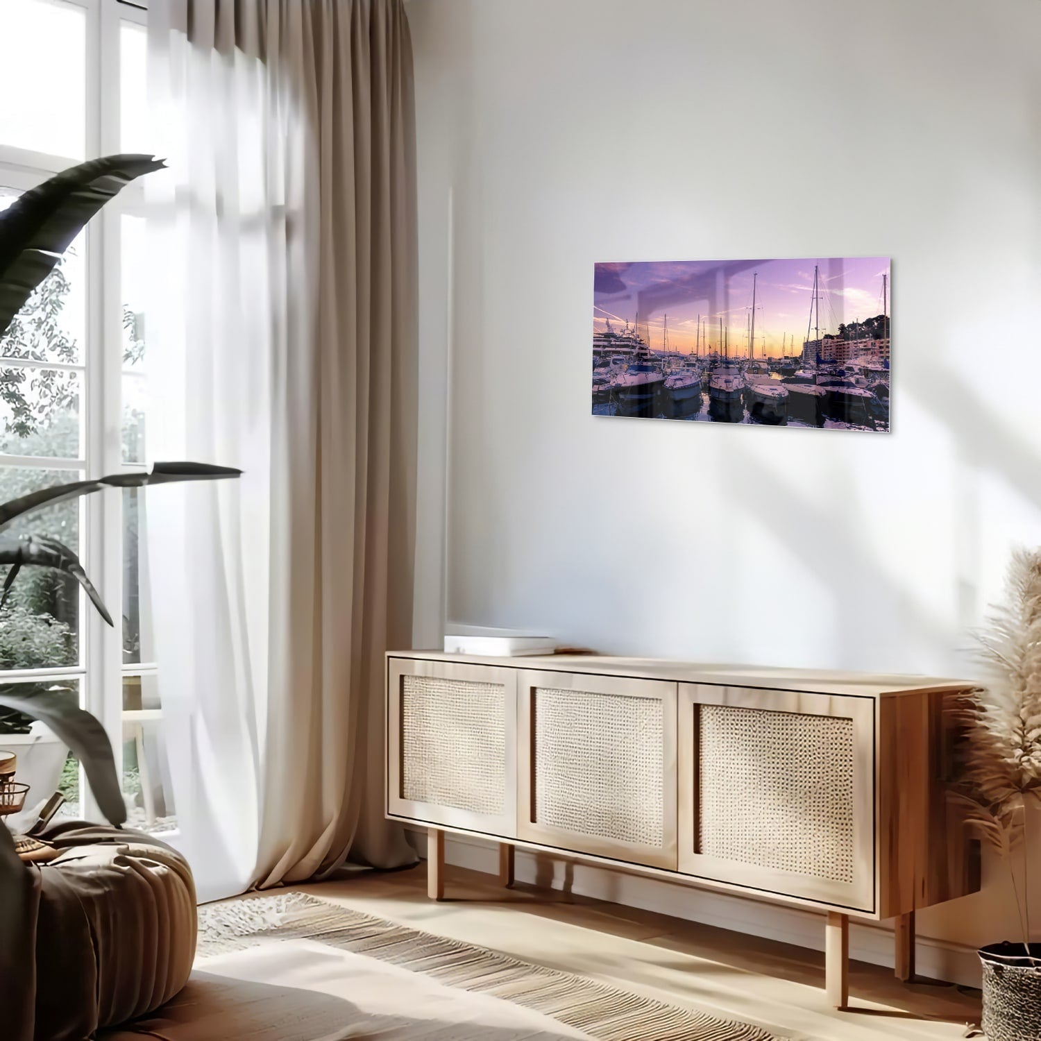 Glasbild mit Sonnenuntergang am Hafen – Glasbild aus Sicherheitsglas, Größe 100x50