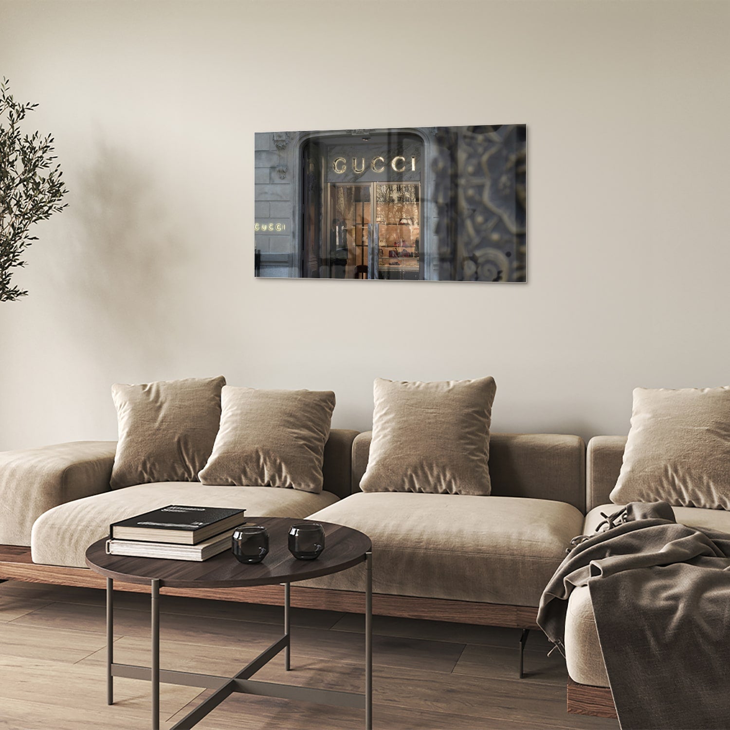 Stilvolles Glasbild mit Gucci-Schaufenster – Glasbild aus Sicherheitsglas, Größe 100x60