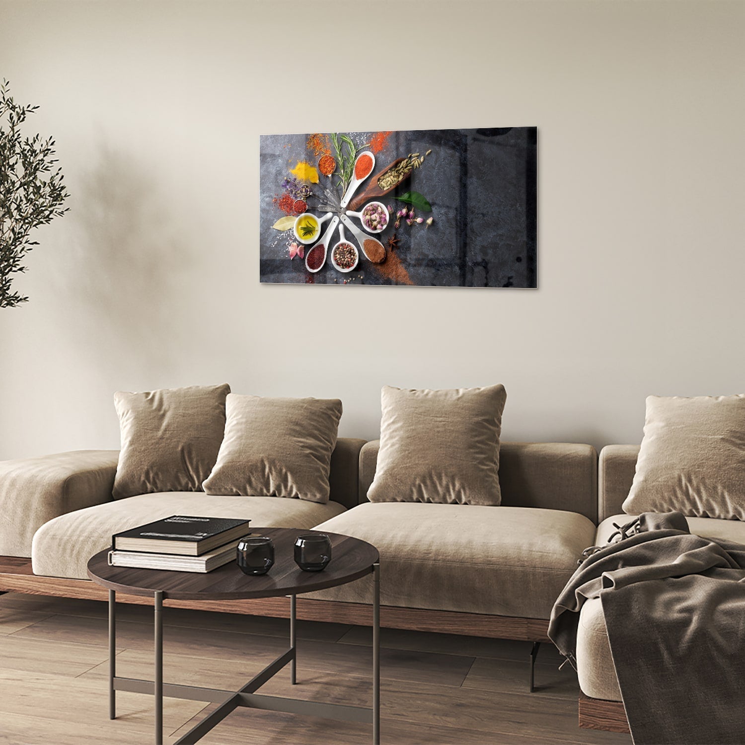 Glasbild mit farbenfrohen Gewürzen – Glasbild aus Sicherheitsglas, Größe 100x60