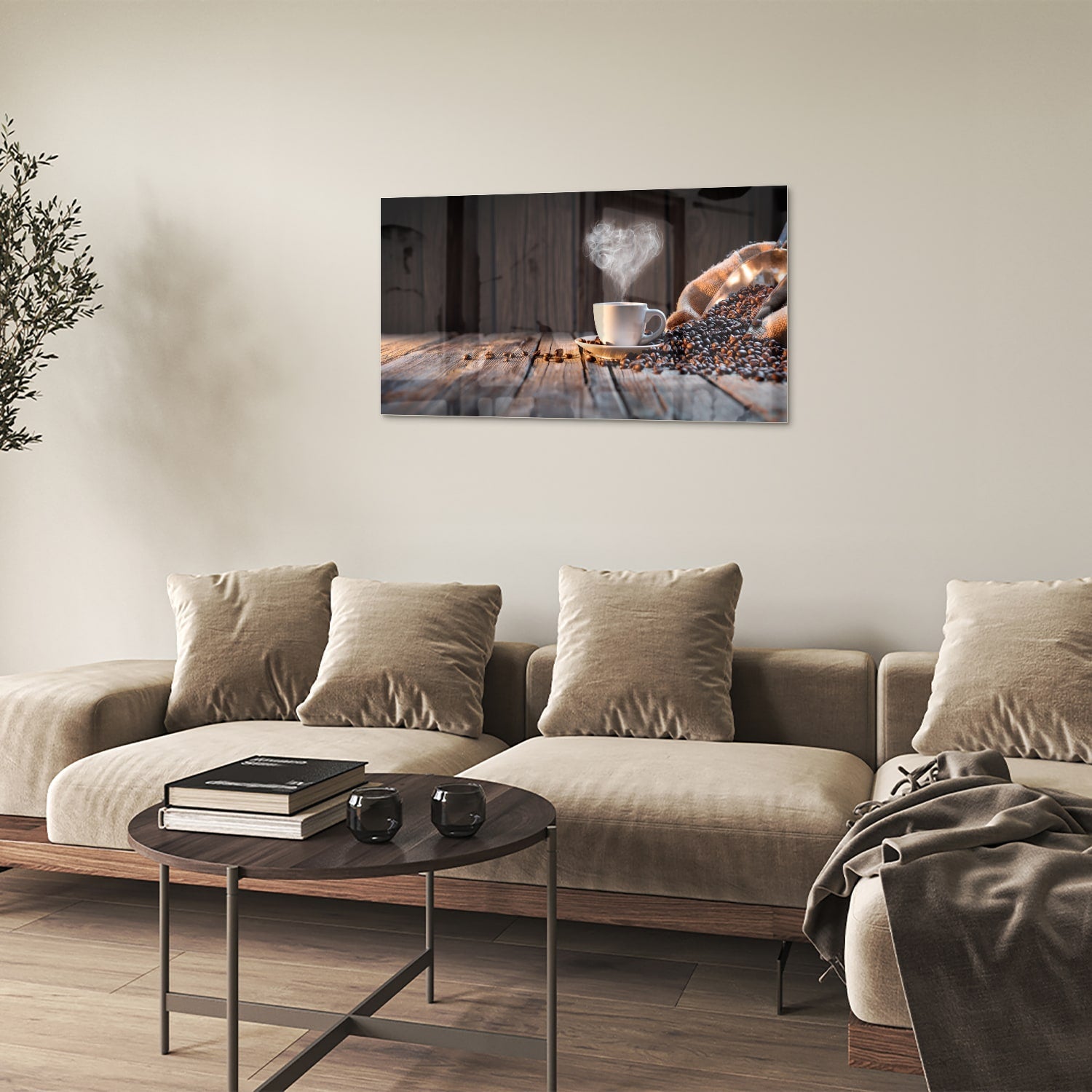 Stilvolles Glasbild mit Kaffee und Kaffeebohnen – Glasbild aus Sicherheitsglas, Größe 100x60