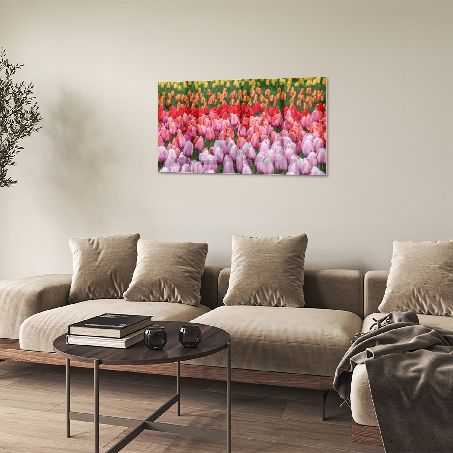 Glasbild mit farbenfrohen Tulpen in einem blühenden Garten – Glasbild aus Sicherheitsglas, Größe 100x60