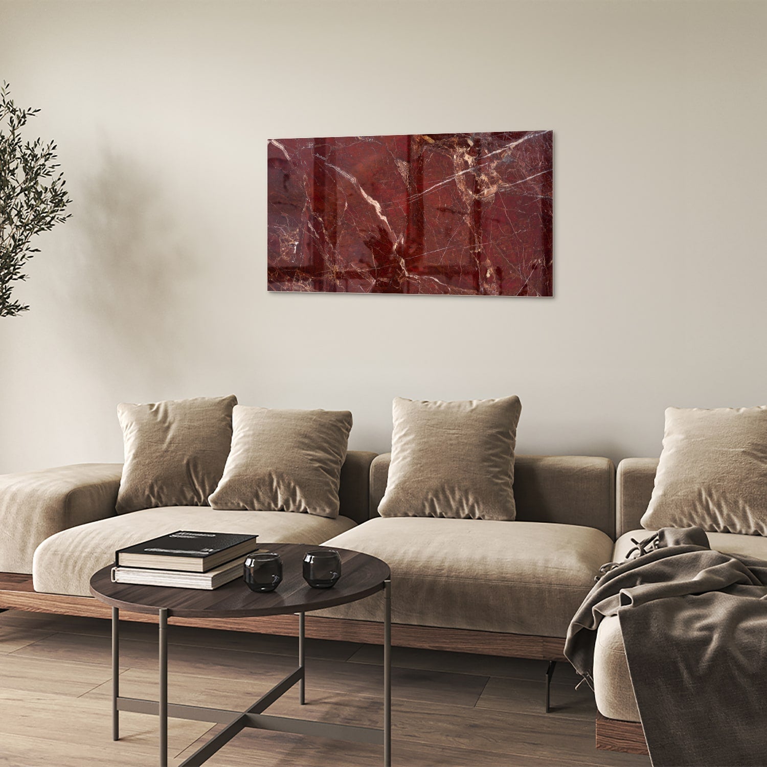 Rotes Glasbild mit Marmoroptik – Glasbild aus Sicherheitsglas, Größe 100x60