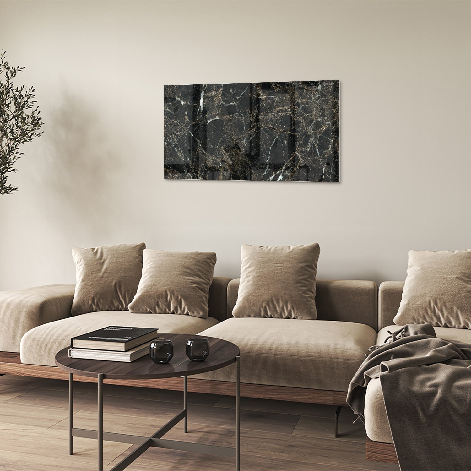 Elegantes schwarzes Marmor-Glasbild für luxuriöses Interieur – Glasbild aus Sicherheitsglas, Größe 100x60