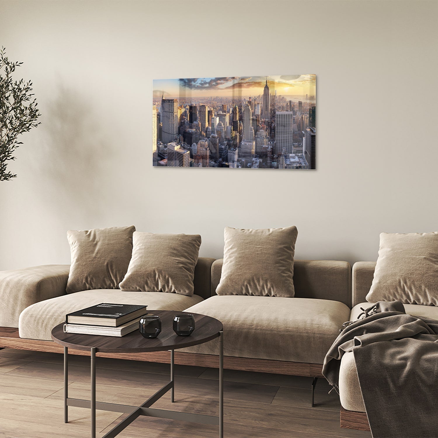 Glasbild mit atemberaubender Aussicht auf New York bei Sonnenuntergang – Glasbild aus Sicherheitsglas, Größe 100x60