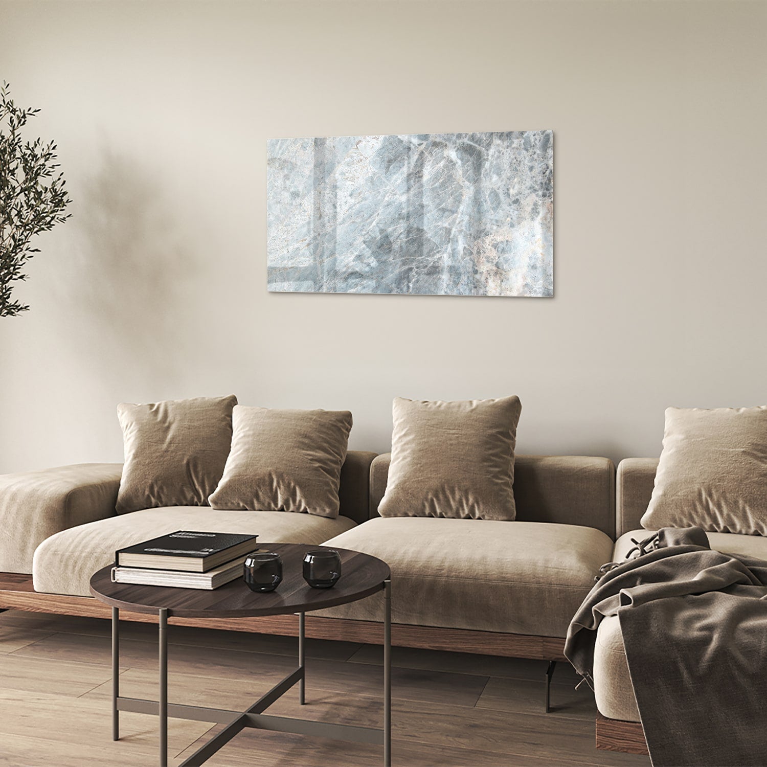 Glasbild mit Marmoroptik in Blau und Grau – Glasbild aus Sicherheitsglas, Größe 100x60