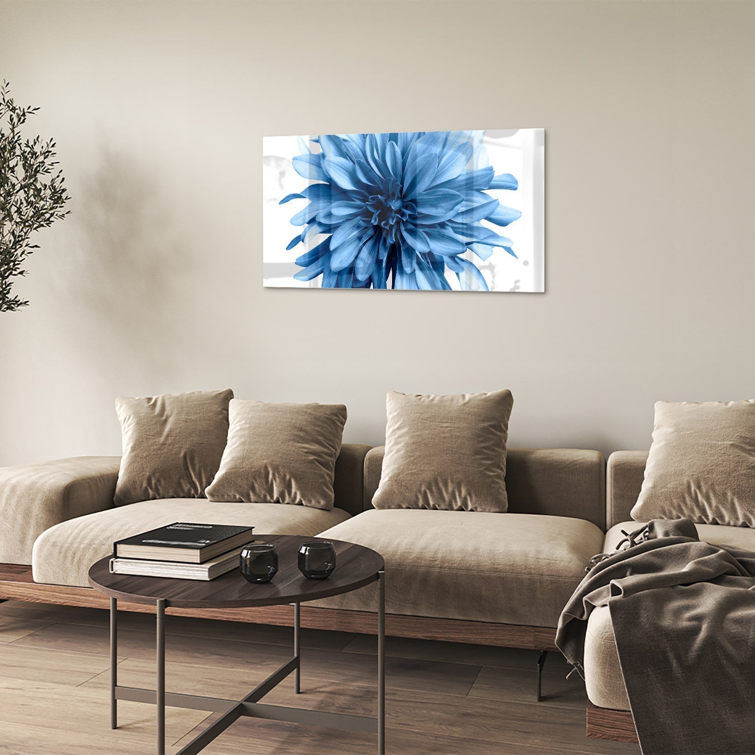 Blaues Glasbild mit einer Blume – Glasbild aus Sicherheitsglas, Größe 100x60