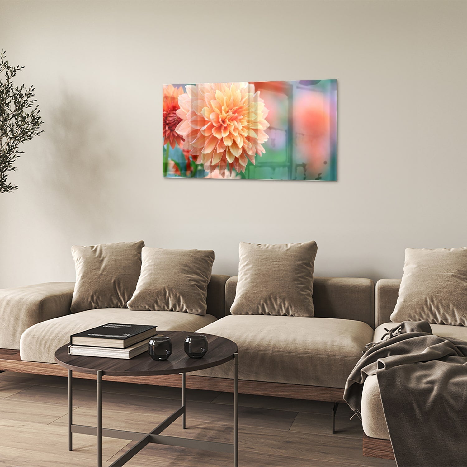 Glasbild mit Pastellrosa Dahlie – Glasbild aus Sicherheitsglas, Größe 100x60