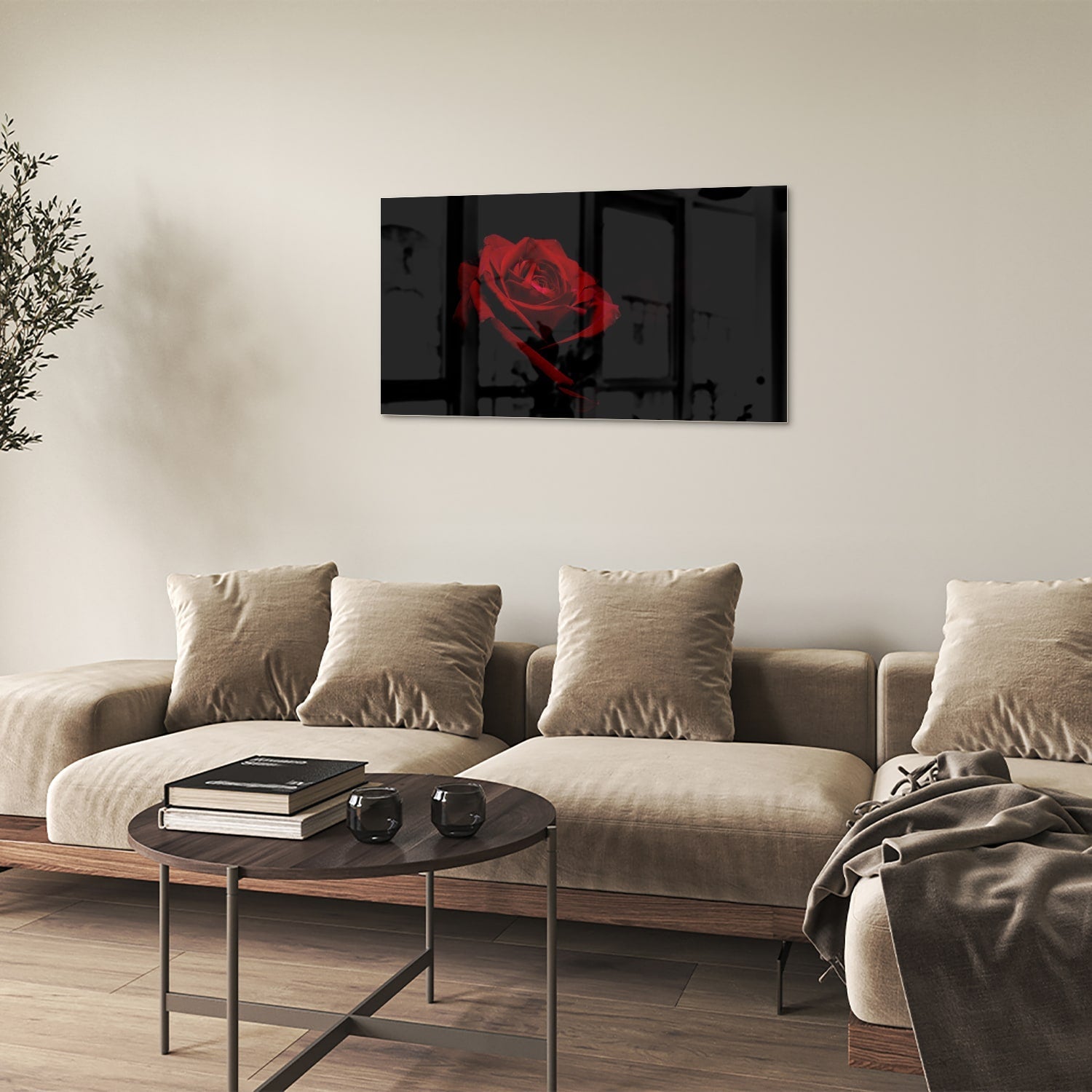 Elegantes Glasbild mit roter Rose auf schwarzem Hintergrund – Glasbild aus Sicherheitsglas, Größe 100x60