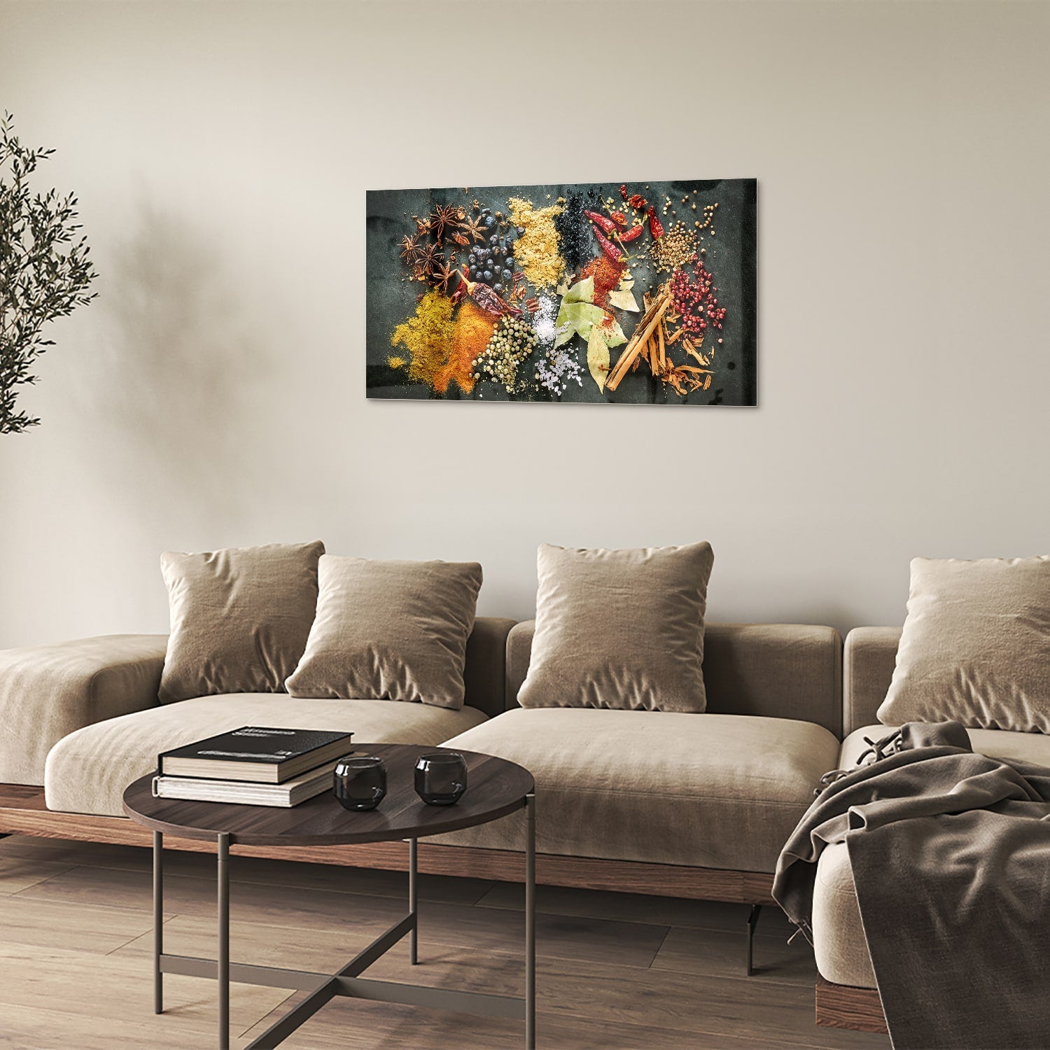 Farbenfrohes Glasbild mit Gewürzen und Blättern – Glasbild aus Sicherheitsglas, Größe 100x60