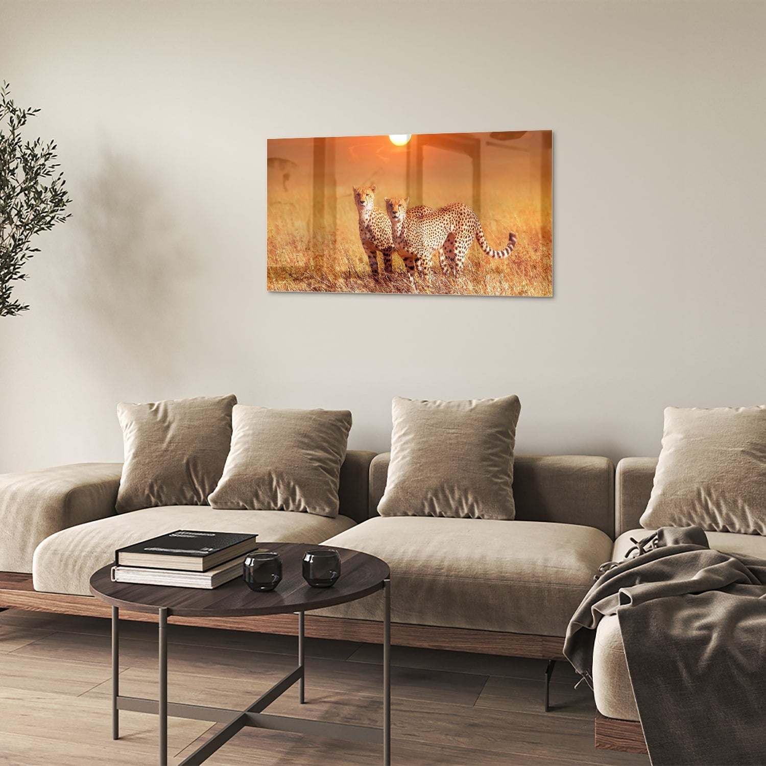 Elegantes Glasbild mit Geparden in der Natur – Glasbild aus Sicherheitsglas, Größe 100x60