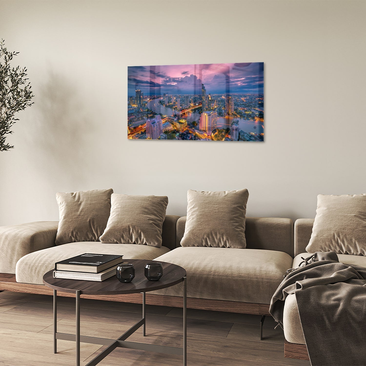 Glasbild mit Stadtblick im Abendlicht – Glasbild aus Sicherheitsglas, Größe 100x60