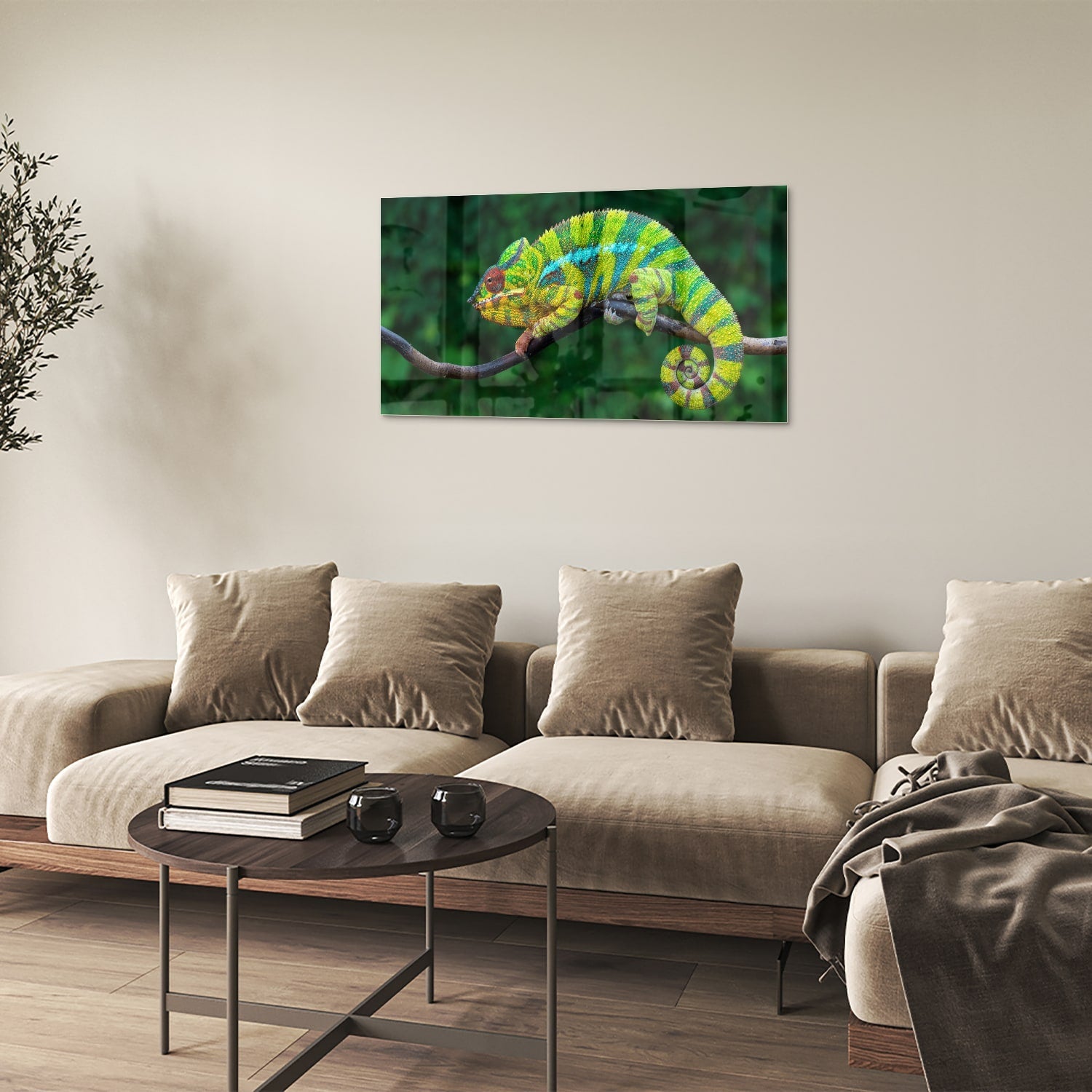 Farbenfrohes Glasbild mit einem Chamäleon – Glasbild aus Sicherheitsglas, Größe 100x60