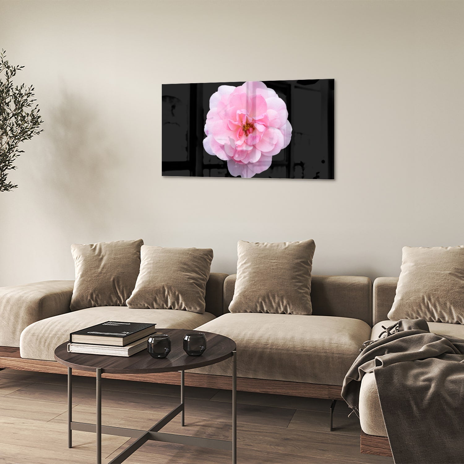 Elegantes Glasbild mit rosa Blume auf schwarzem Hintergrund – Glasbild aus Sicherheitsglas, Größe 100x60
