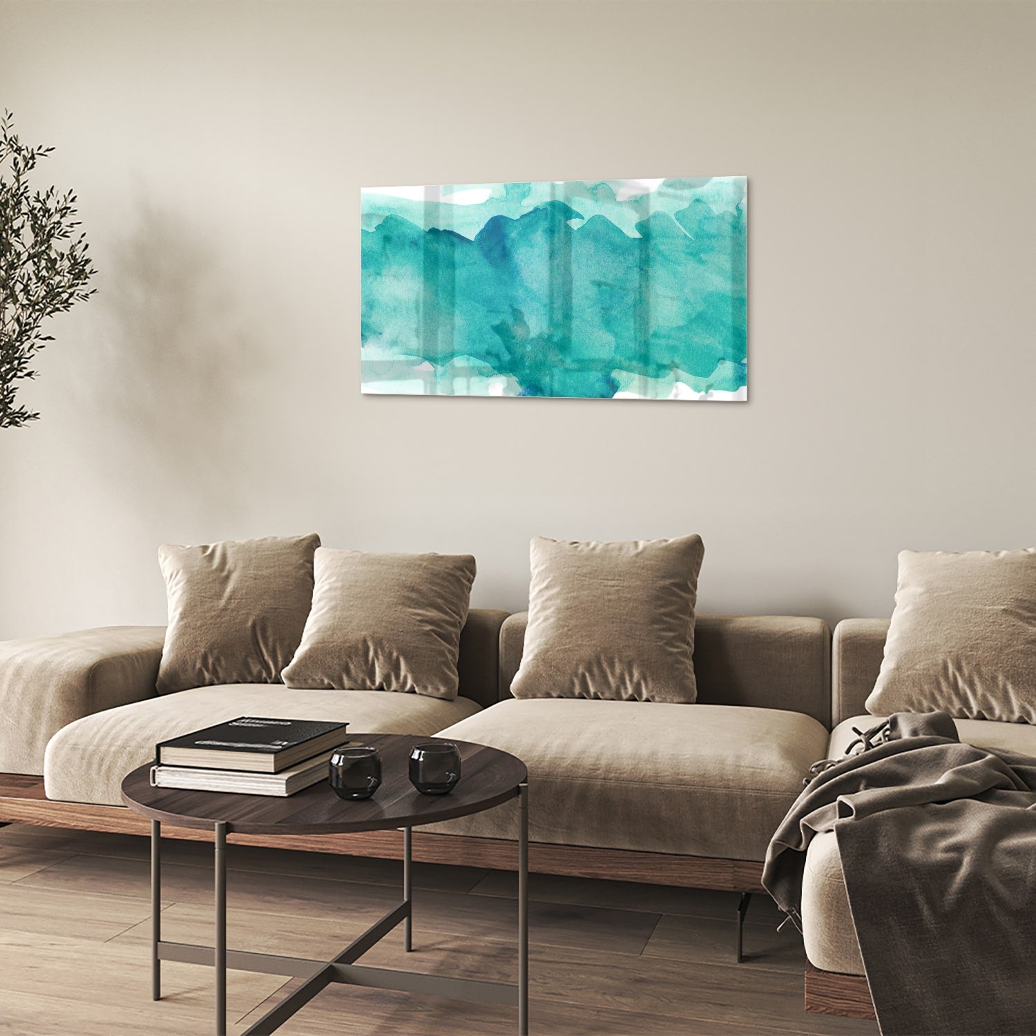 Abstraktes türkisfarbenes Glasbild für moderne Innenräume – Glasbild aus Sicherheitsglas, Größe 100x60