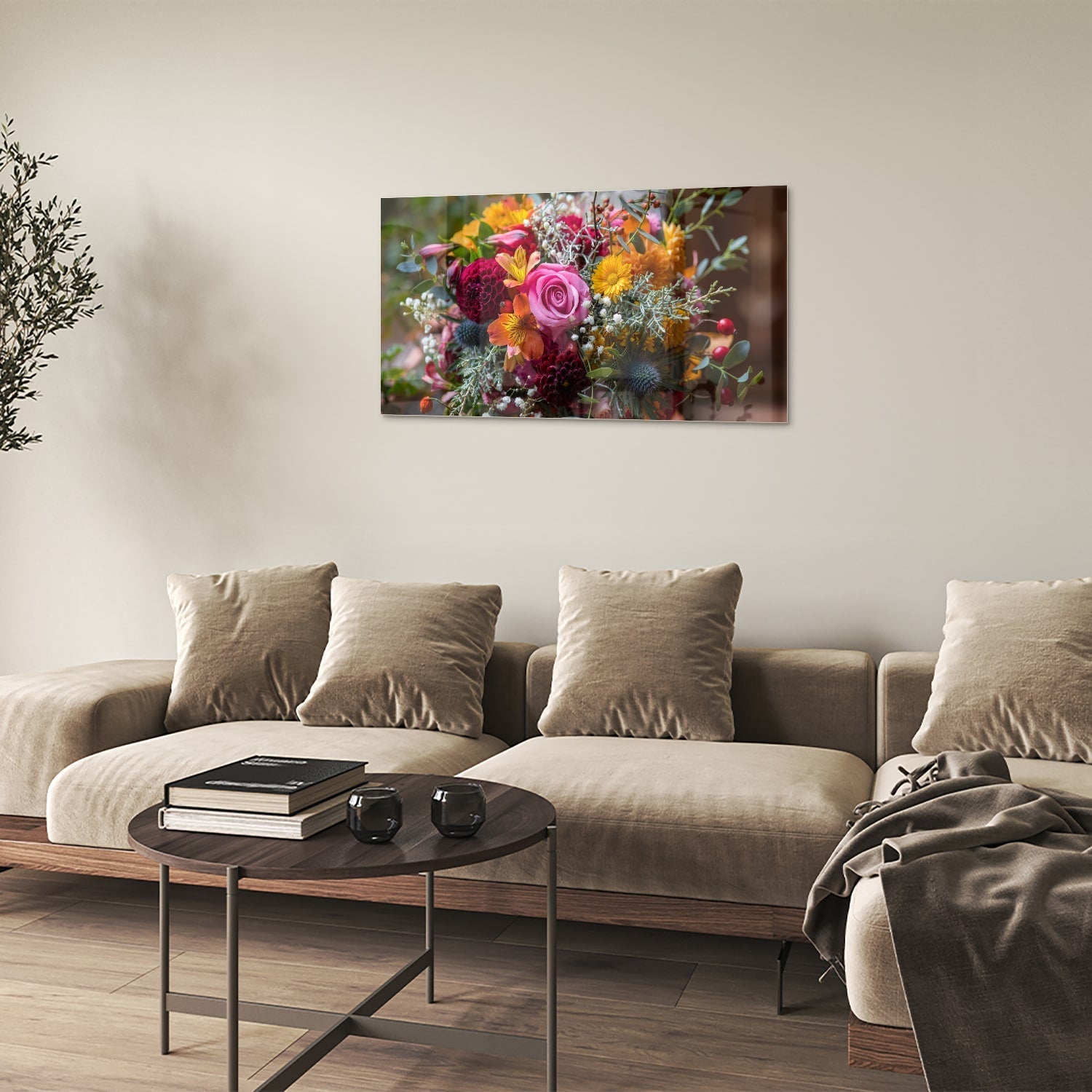 Farbenfrohes Glasbild mit einem Blumenstrauß – Glasbild aus Sicherheitsglas, Größe 100x60