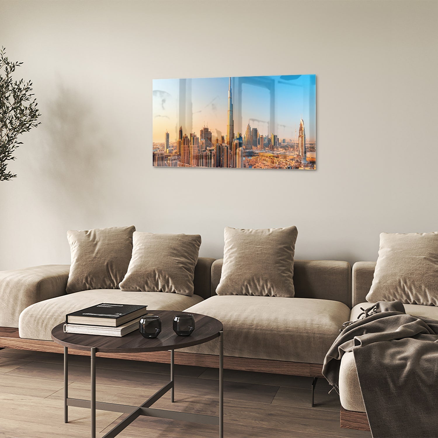 Modernes Glasbild mit Skyline Dubai – Glasbild aus Sicherheitsglas, Größe 100x60