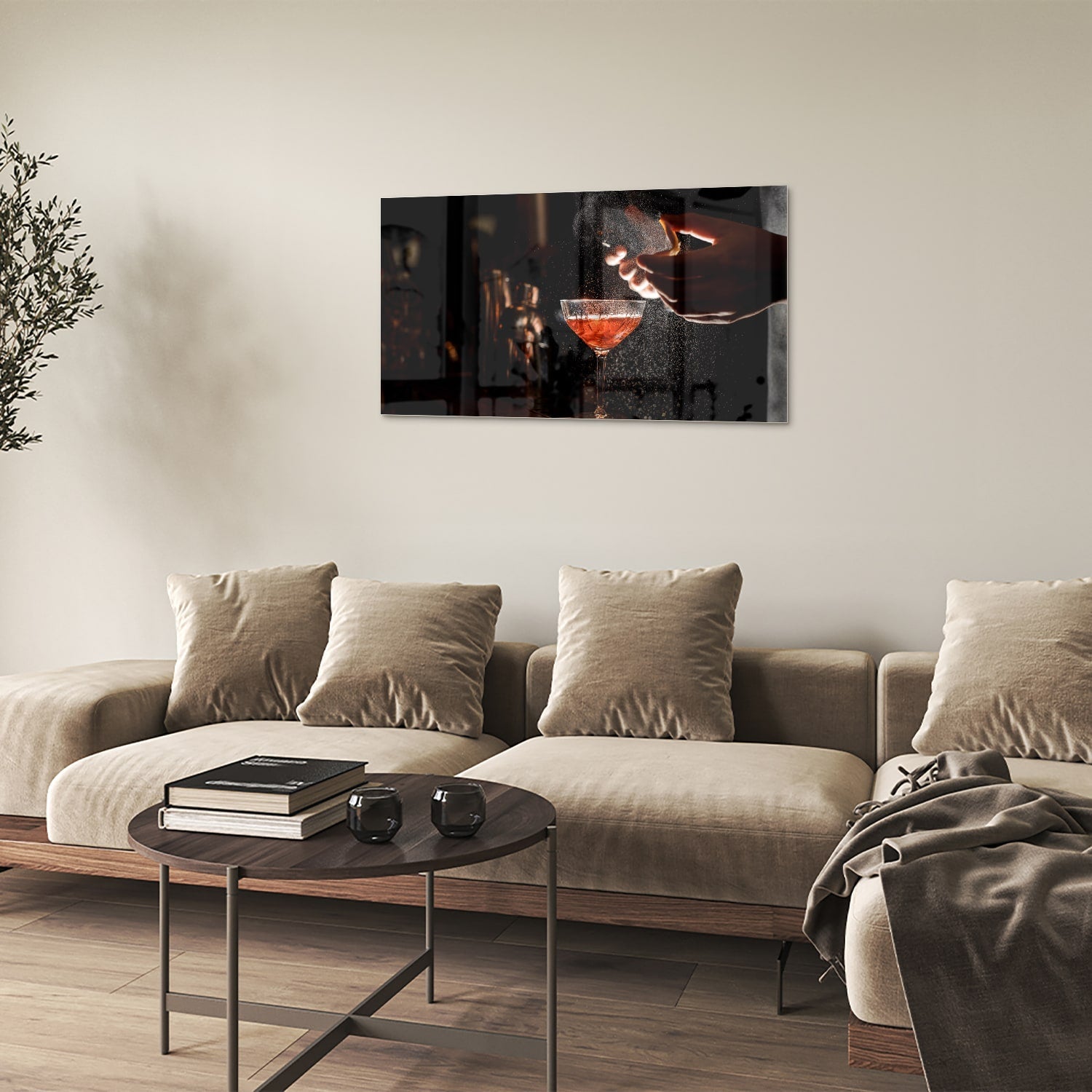 Elegantes Glasbild mit Cocktails in stimmungsvoller Szenerie – Glasbild aus Sicherheitsglas, Größe 100x60