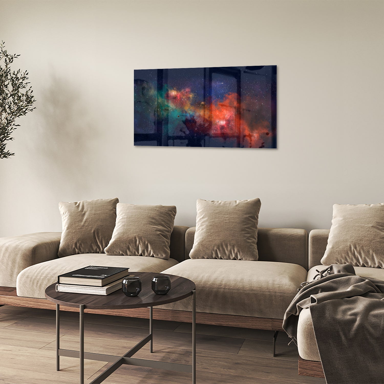 Leuchtendes Glasbild mit Galaxie – Glasbild aus Sicherheitsglas, Größe 100x60
