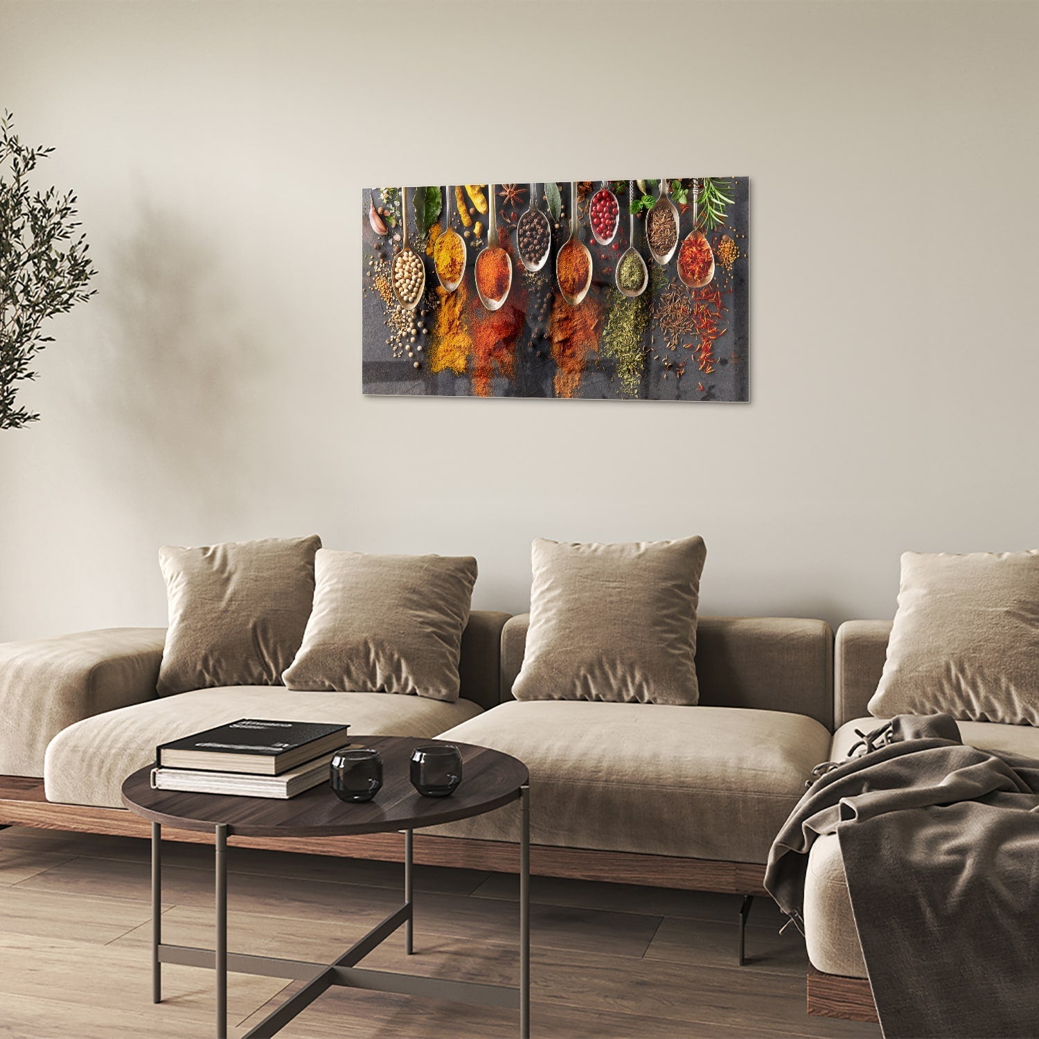 Farbenfrohes Glasbild mit Kräutern und Gewürzen – Glasbild aus Sicherheitsglas, Größe 100x60