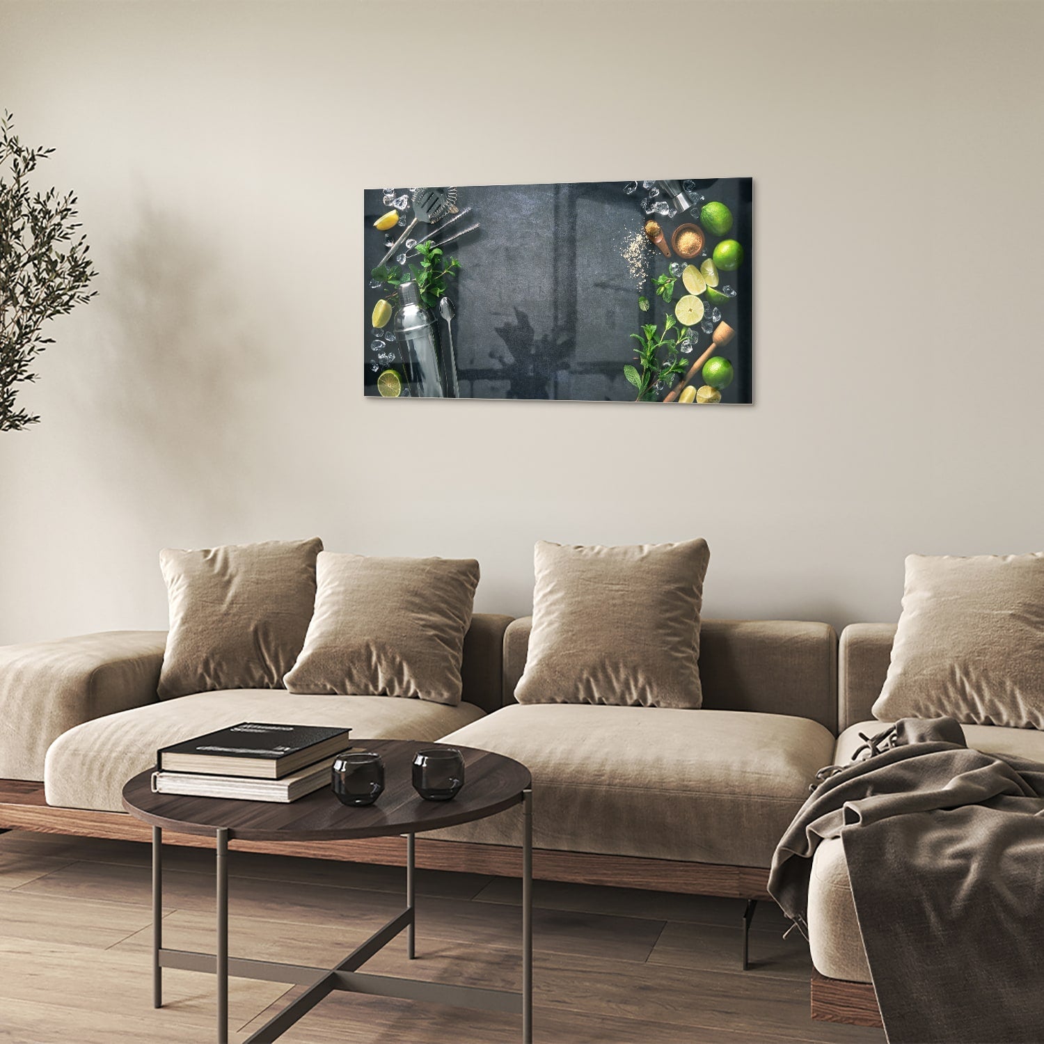 Elegantes Glasbild mit Kräutern und Zitronen – Glasbild aus Sicherheitsglas, Größe 100x60