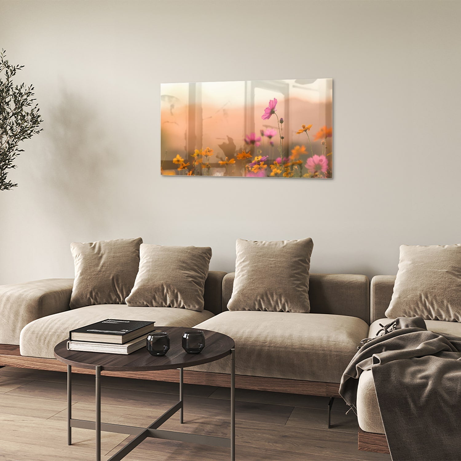 Wunderschönes Glasbild mit Blumen in Pastellfarben – Glasbild aus Sicherheitsglas, Größe 100x60