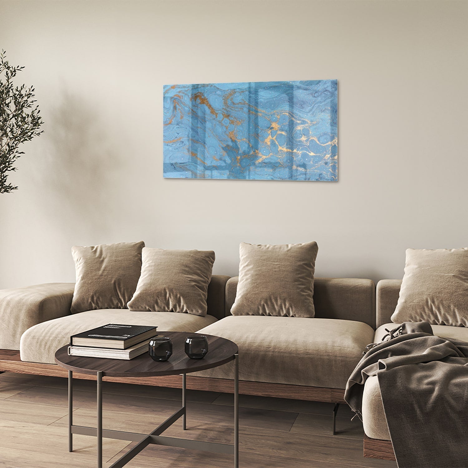 Elegantes Glasbild in blauen und goldenen Farbtönen – Glasbild aus Sicherheitsglas, Größe 100x60