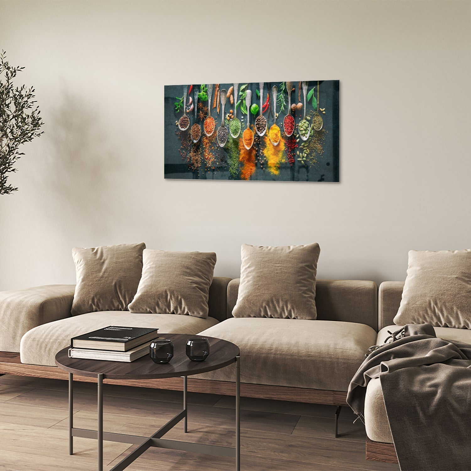 Farbenfrohes Glasbild mit Gewürzen und Kräutern – Glasbild aus Sicherheitsglas, Größe 100x60