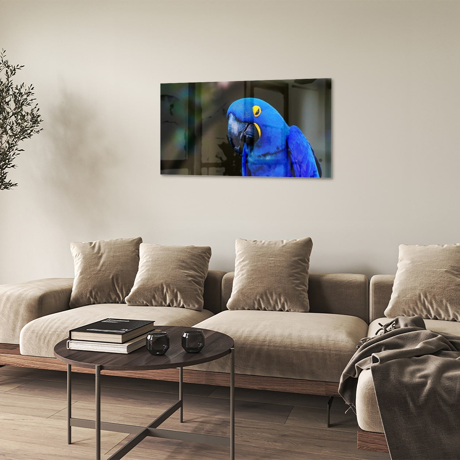 Glasbild mit einem wunderschönen blauen Ara – Glasbild aus Sicherheitsglas, Größe 100x60