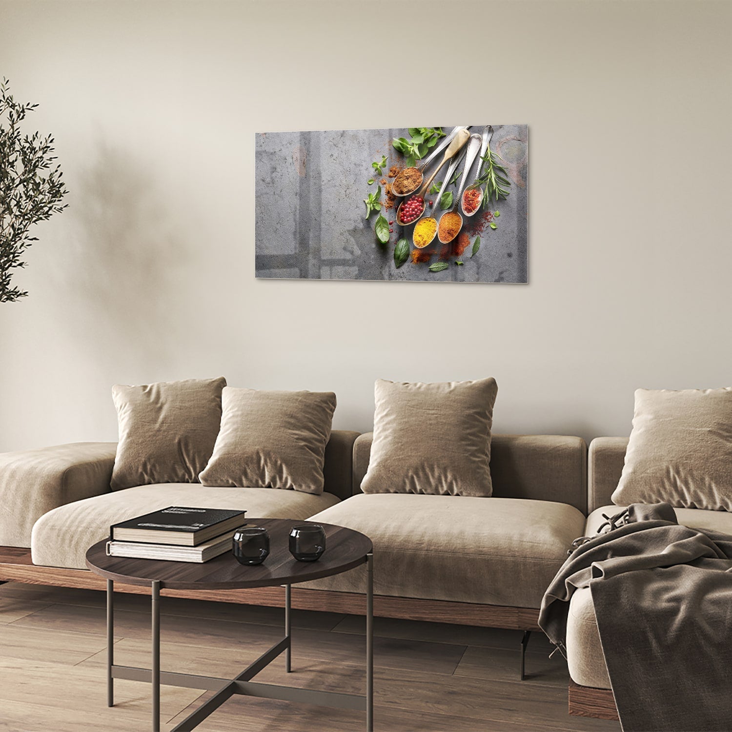 Glasbild mit Kräutern und Gewürzen – Glasbild aus Sicherheitsglas, Größe 100x60