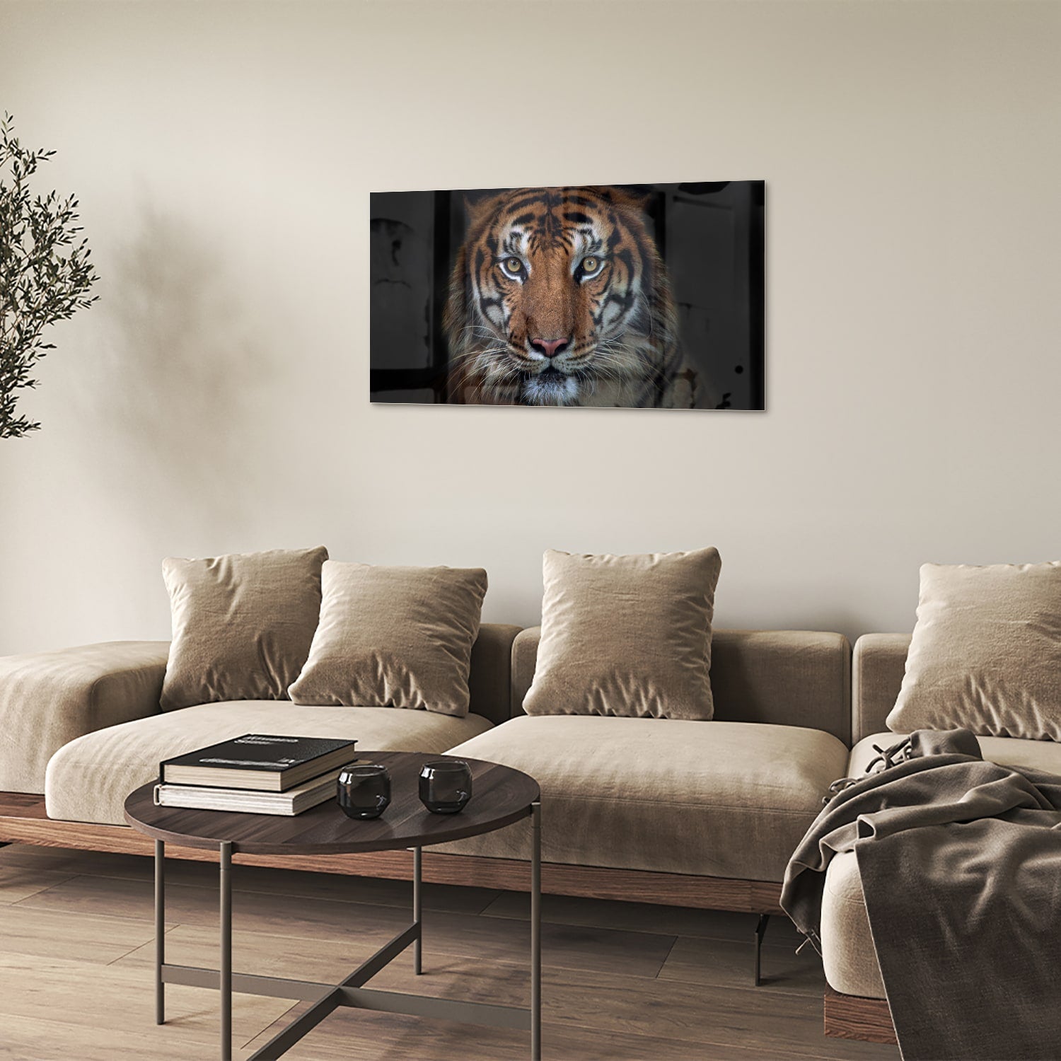 Kraftvoller Tiger – Glasbild für Ihr Interieur – Glasbild aus Sicherheitsglas, Größe 100x60