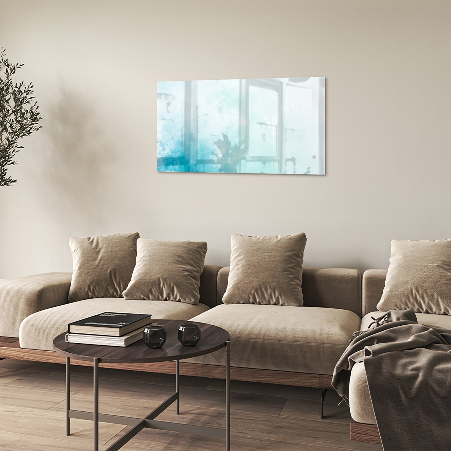 Abstraktes Glasbild in blauen und türkisen Farbtönen – Glasbild aus Sicherheitsglas, Größe 100x60