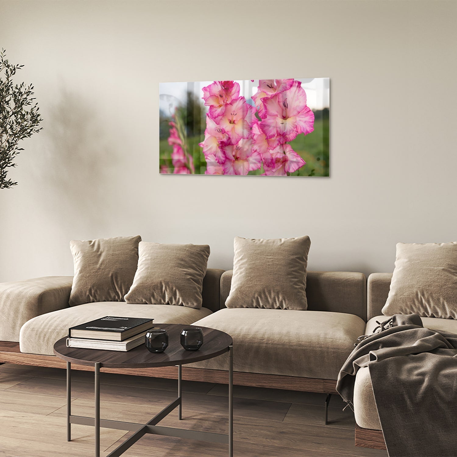 Glasbild mit wunderschönen rosa Gladiolen – Glasbild aus Sicherheitsglas, Größe 100x60