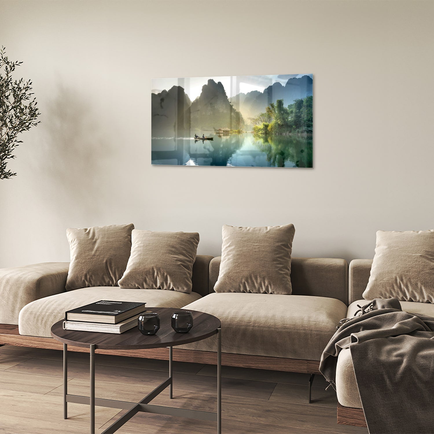Rustikales Glasbild mit ruhigen Bergreflexionen – Glasbild aus Sicherheitsglas, Größe 100x60