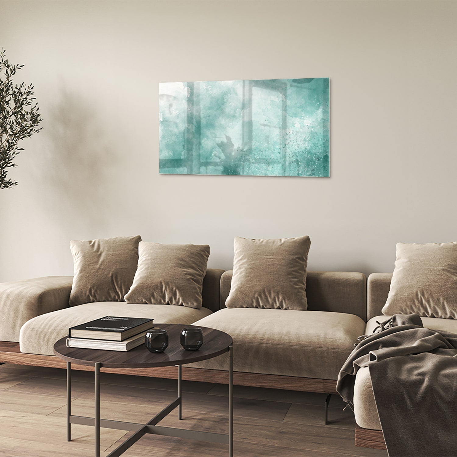Abstraktes Glasbild in Aquablau – Glasbild aus Sicherheitsglas, Größe 100x60