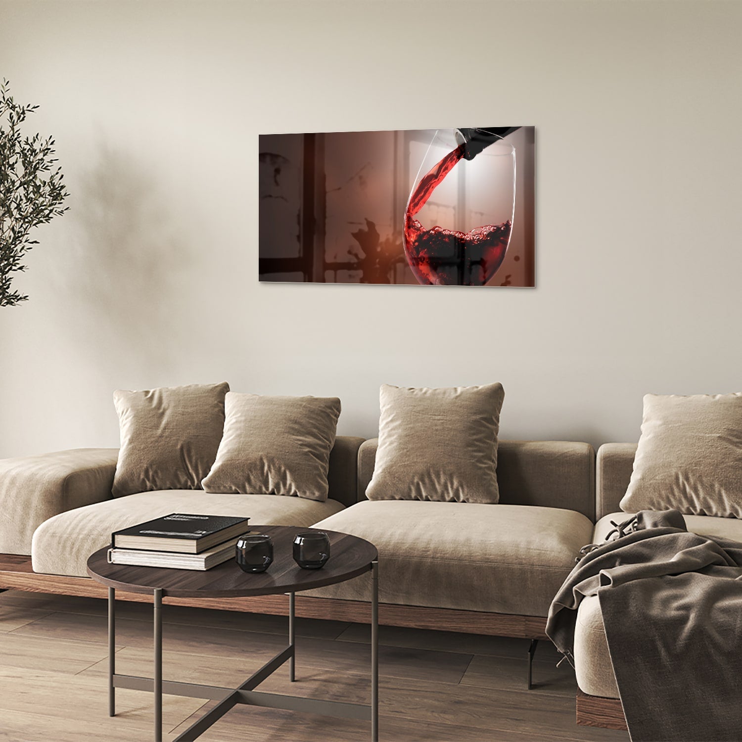 Glasbild mit Rotwein in einem stilvollen Raum – Glasbild aus Sicherheitsglas, Größe 100x60